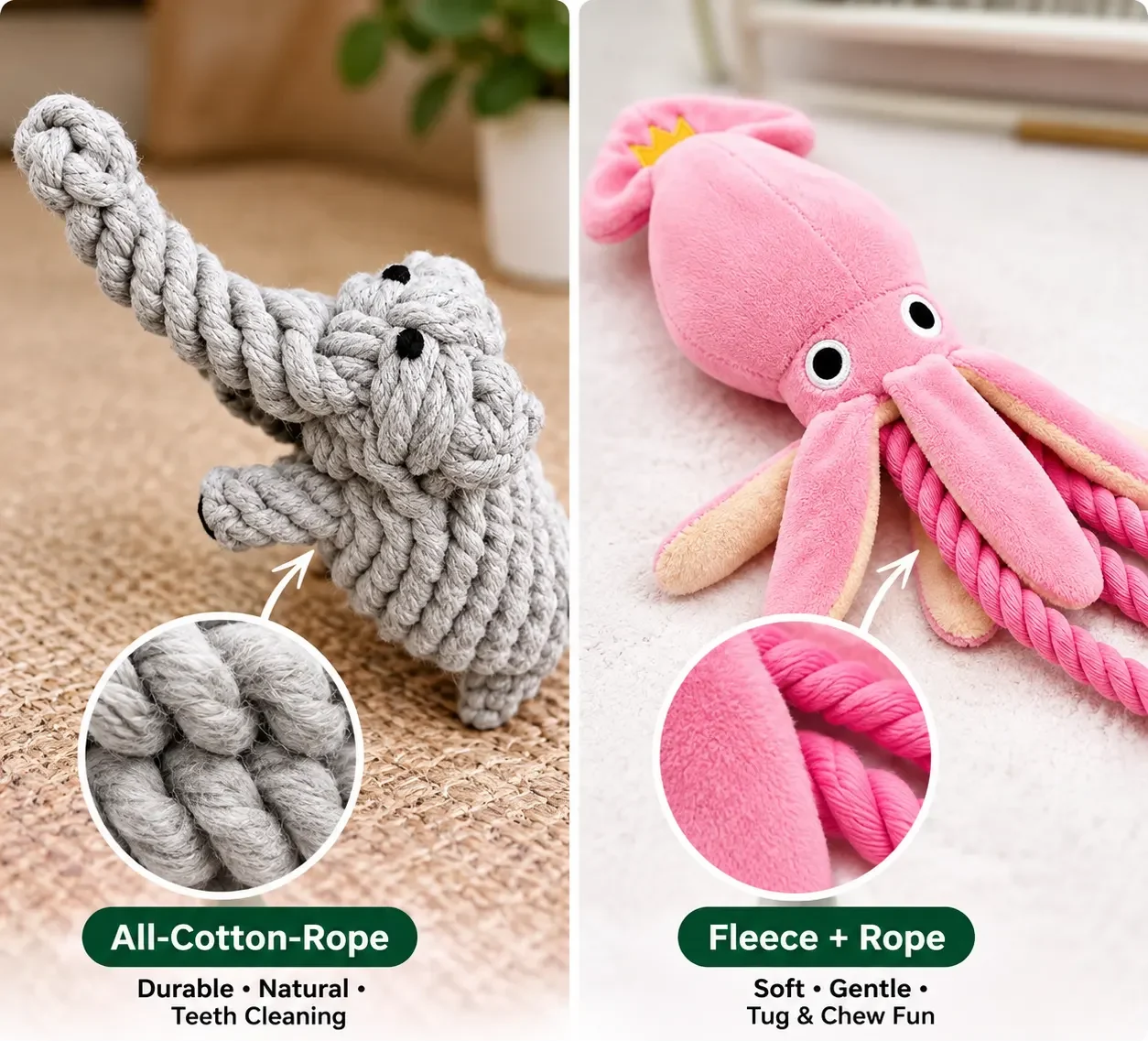 Cotton rope vs plush texture comparison on animal shaped dog toys