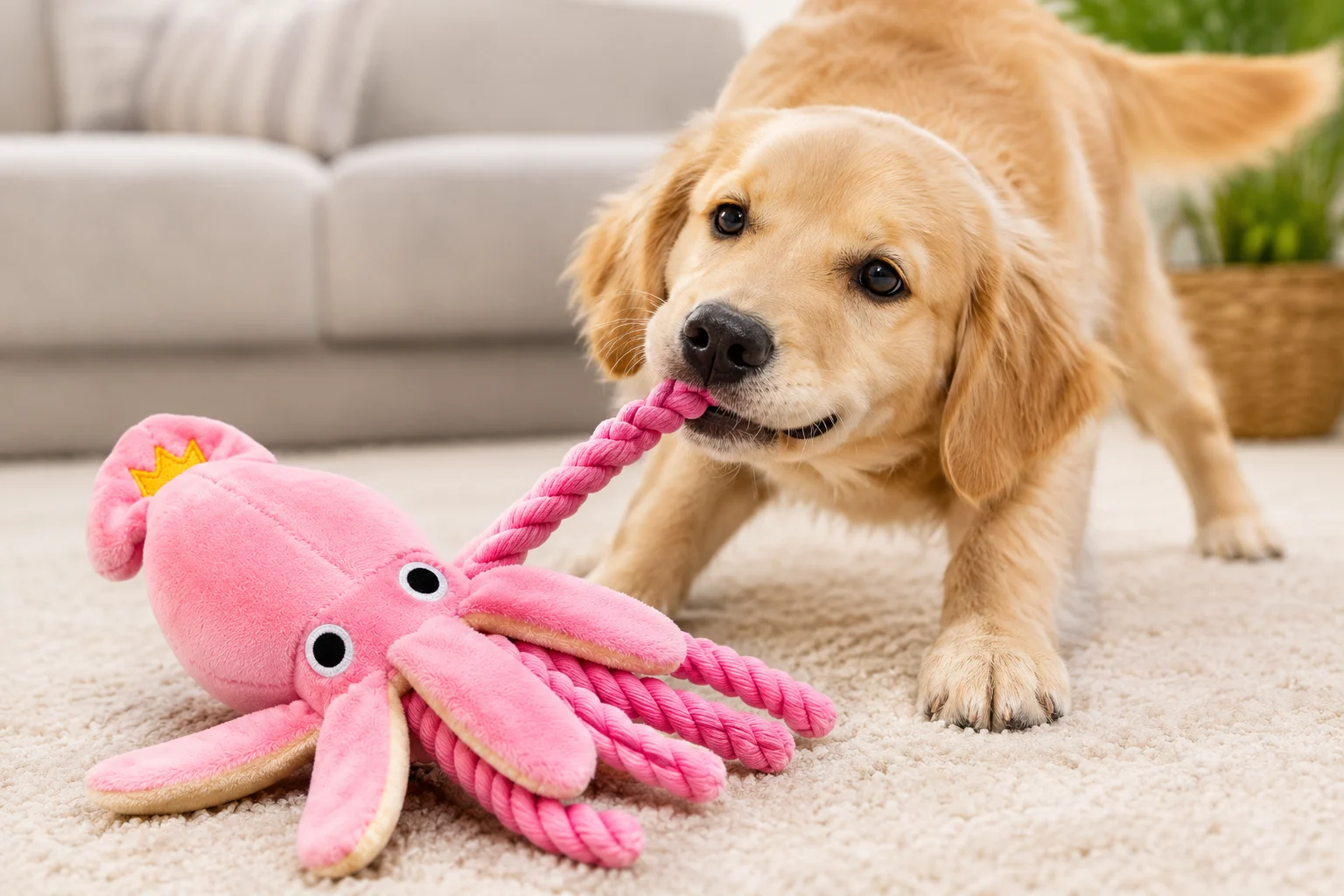 Dog tugging a squeaky octopus dog toy by its rope leg
