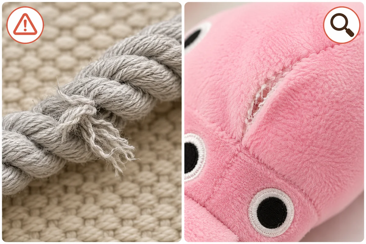 Frayed rope and loose fleece seam warning signs on a dog toy