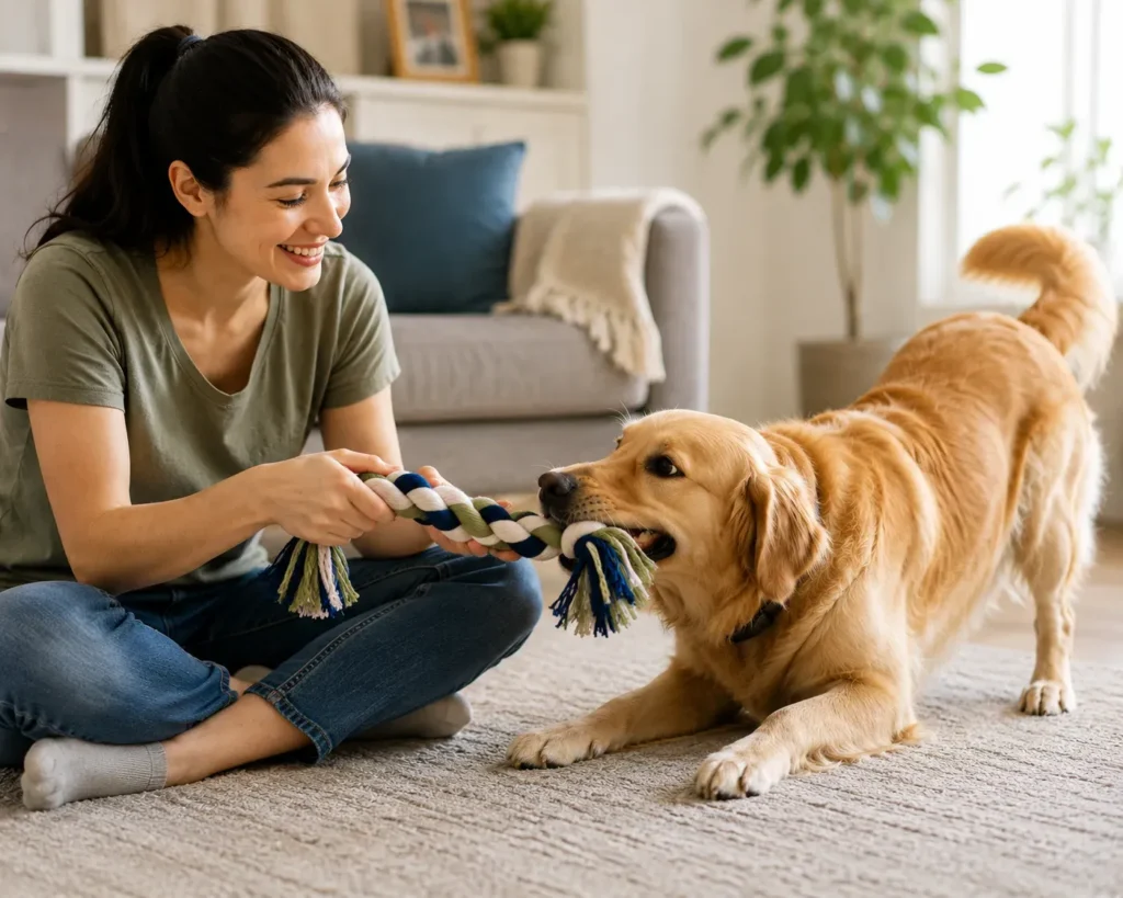 Are rope toys safe for dogs — owner playing supervised tug-of-war with her dog