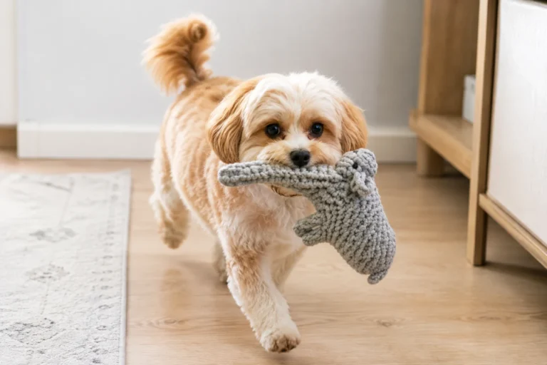 Dog happily carrying a soft animal shaped toy, one of the best animal shaped rope toys for dogs