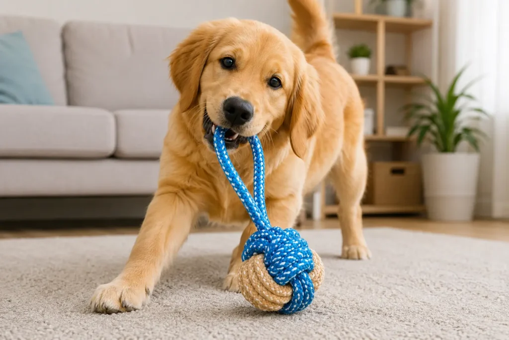Golden retriever puppy playing tug with the best rope ball toy for dogs