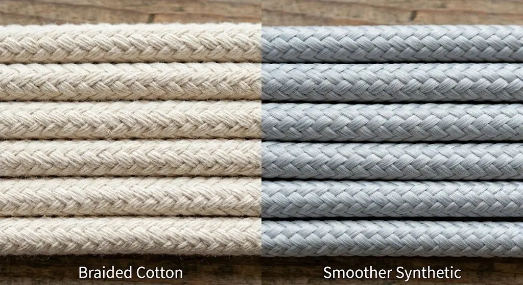 Cotton rope texture next to a smoother synthetic cord, side by side comparison