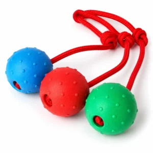 Dog ball on rope shown in blue, red, and green color options