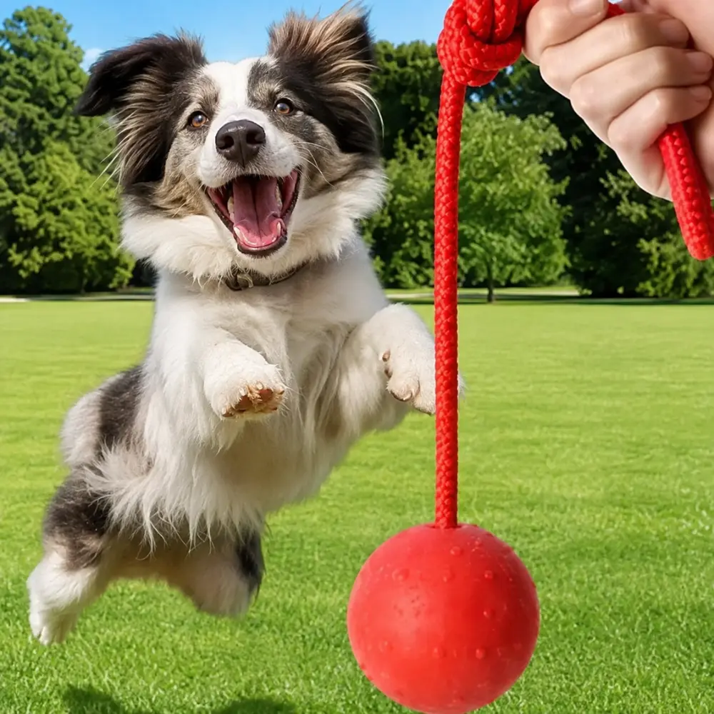 Border collie catching a rubber ball on rope toy outdoors