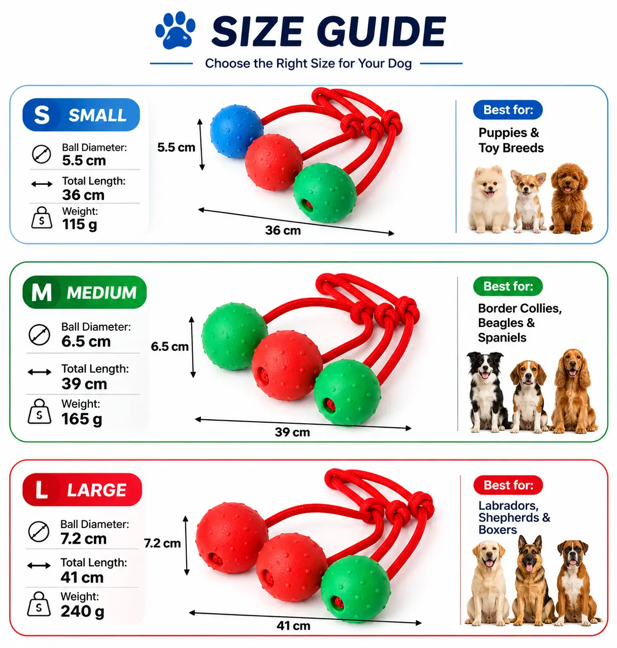 Size chart for the dog ball on rope in small, medium, and large