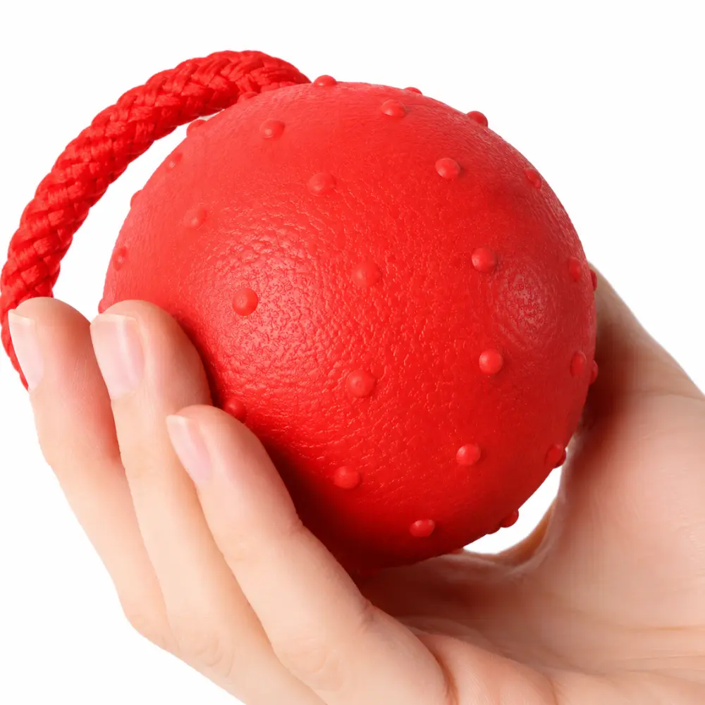 Close-up of the textured TPR surface on the dog ball on rope