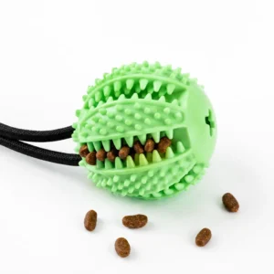 Close-up of textured dog ball showing ridges and kibble treats inside