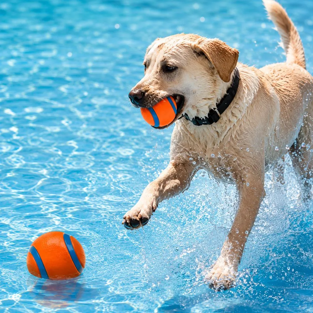 Dog playing with an orange rubber ball in water