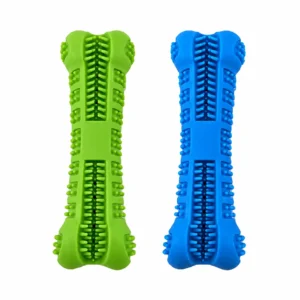Green and blue color options for the soft rubber dog toothbrush toy