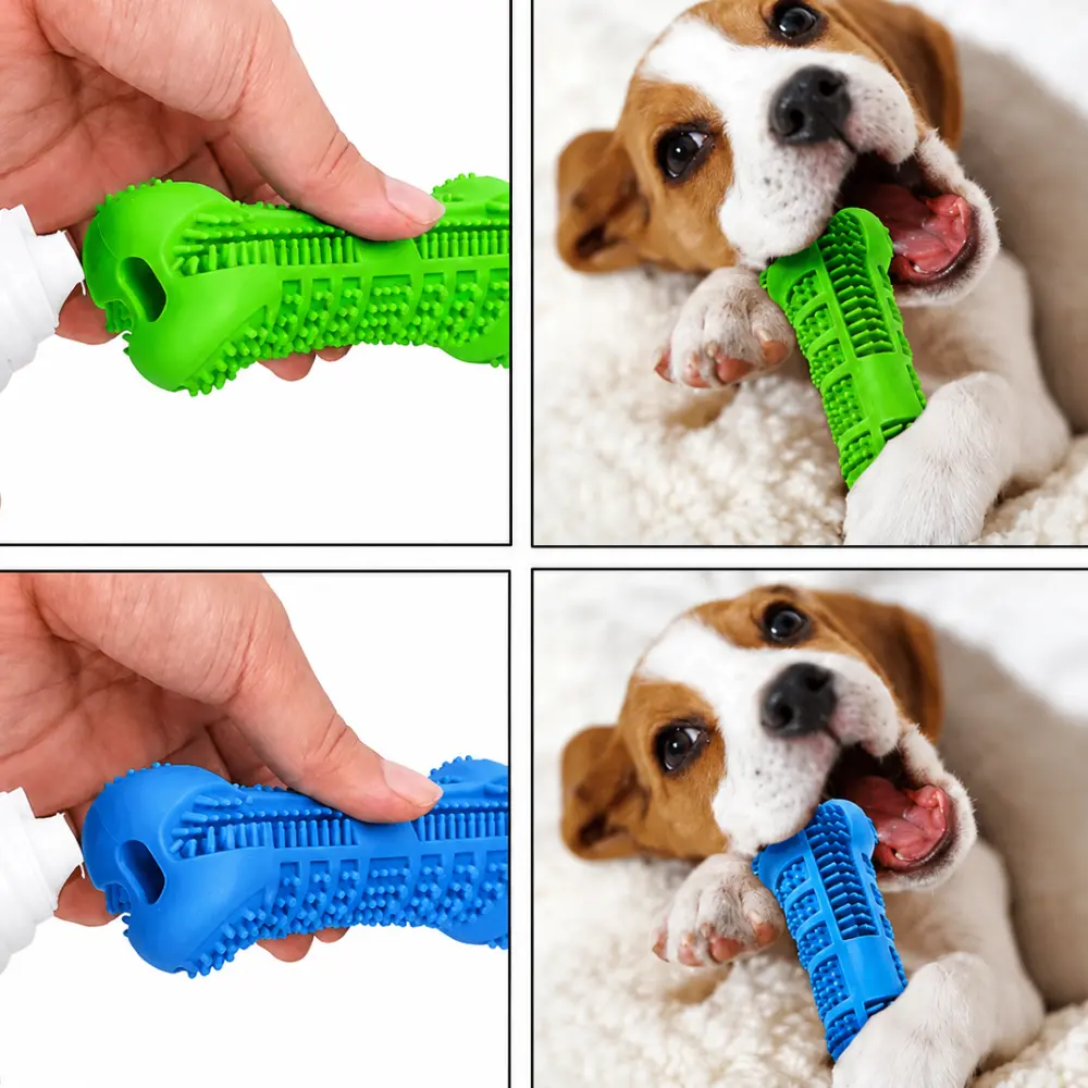 Puppy chewing a green and blue dog toothbrush toy after toothpaste is added to the reservoir