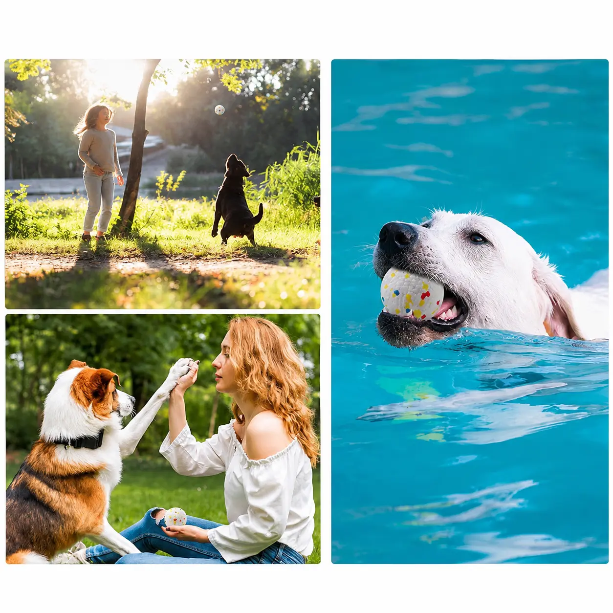 E-TPU dog ball being used for fetch and swimming