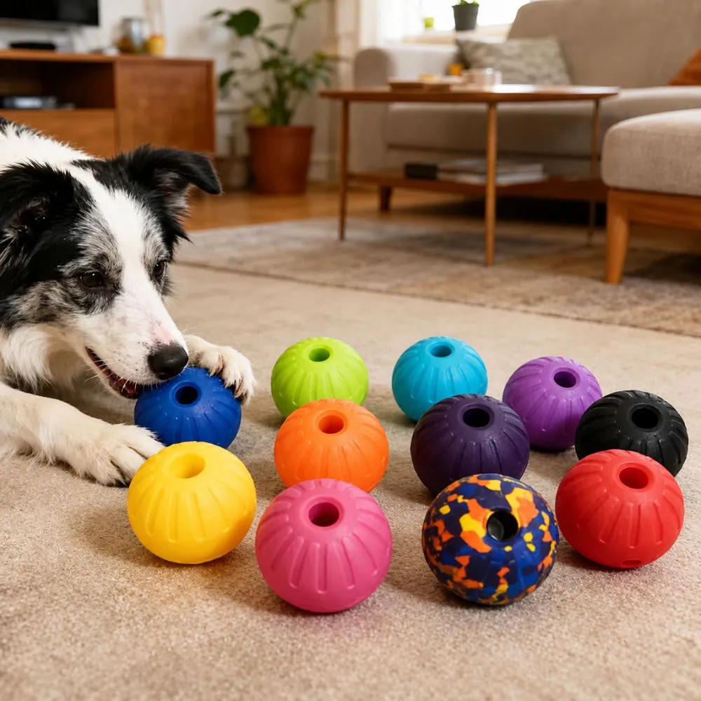EVA foam dog balls with a dog during indoor playtime