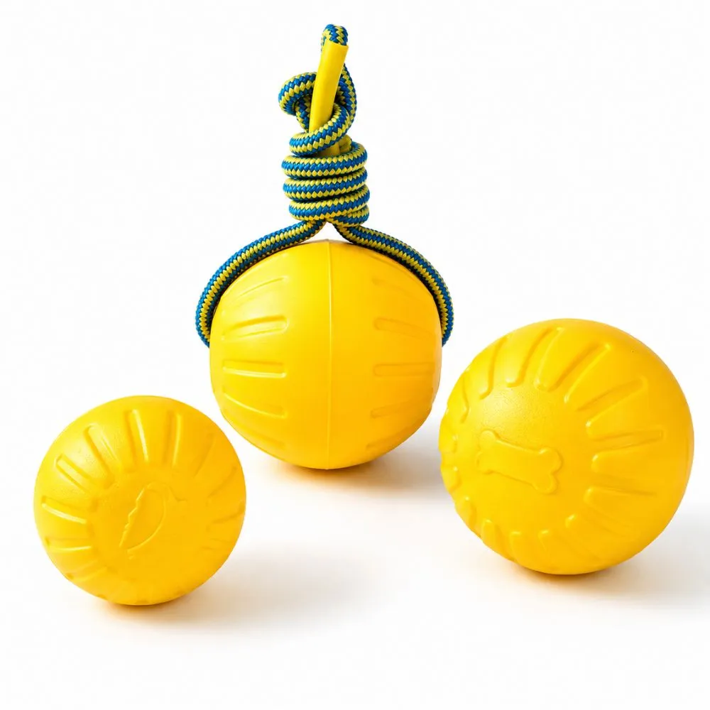 EVA foam dog balls with textured surfaces and a rope tug ball for interactive play