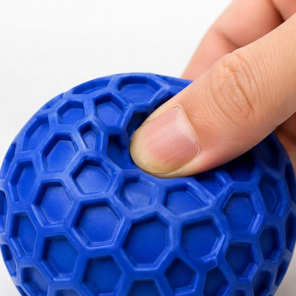 Fingernail pressed into a honeycomb rubber dog toy showing a slight dent