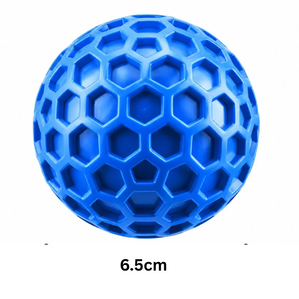 Blue honeycomb squeaky dog ball, medium 6.5 cm size