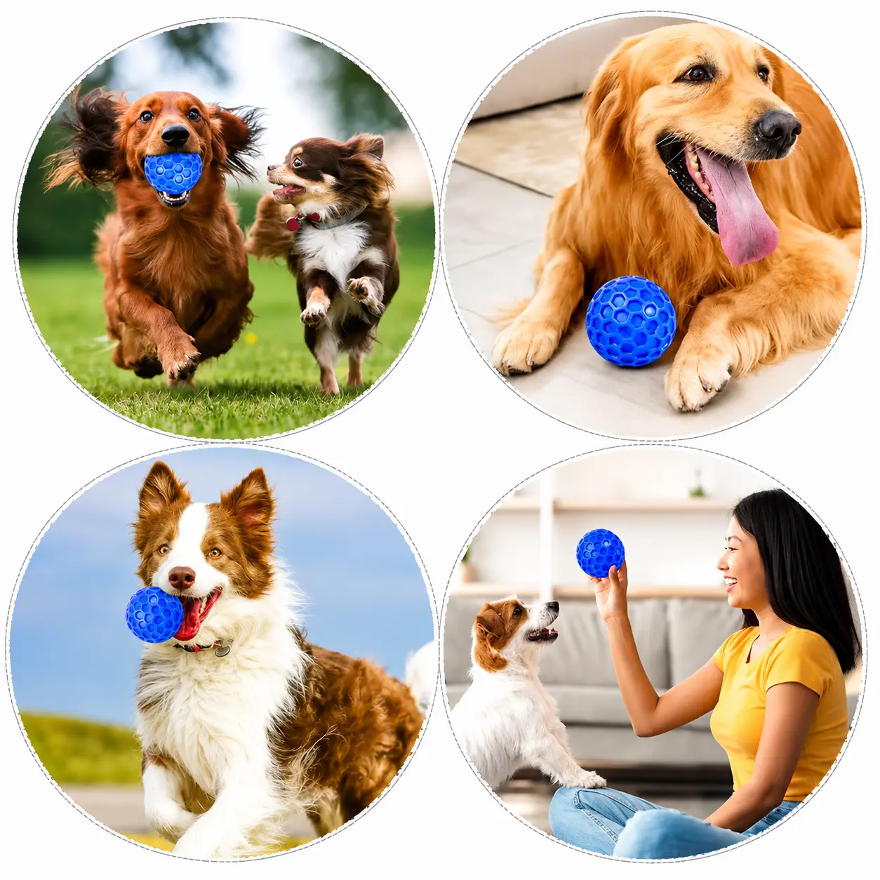 Dogs playing with a blue honeycomb squeaky rubber ball indoors and outdoors