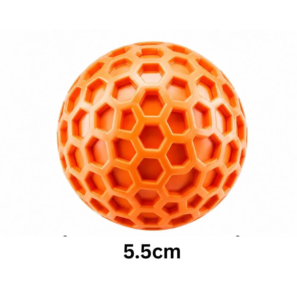 Orange honeycomb squeaky dog ball, medium 6.5 cm size