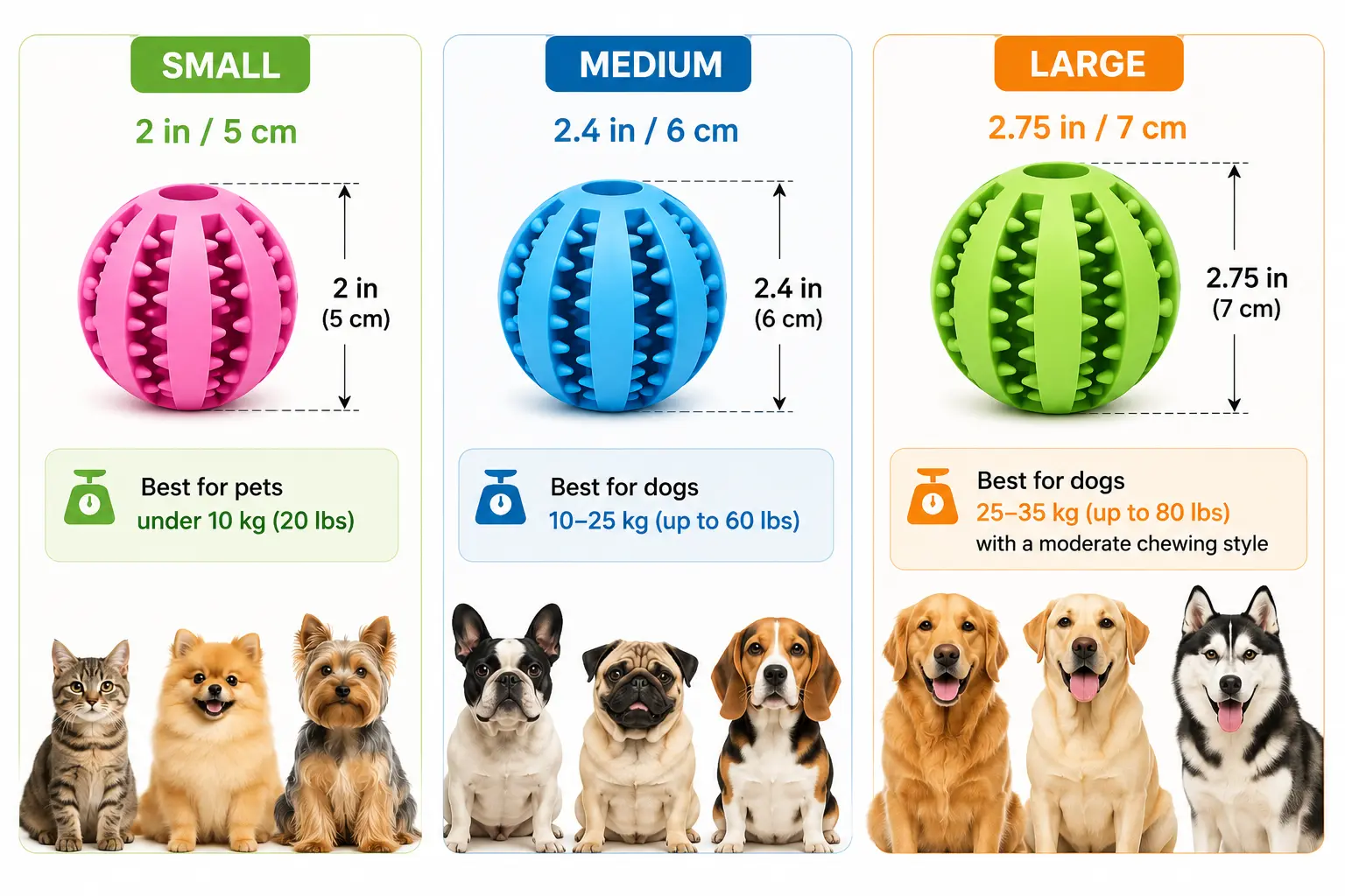 Size guide for the interactive dog treat dispensing rubber ball
