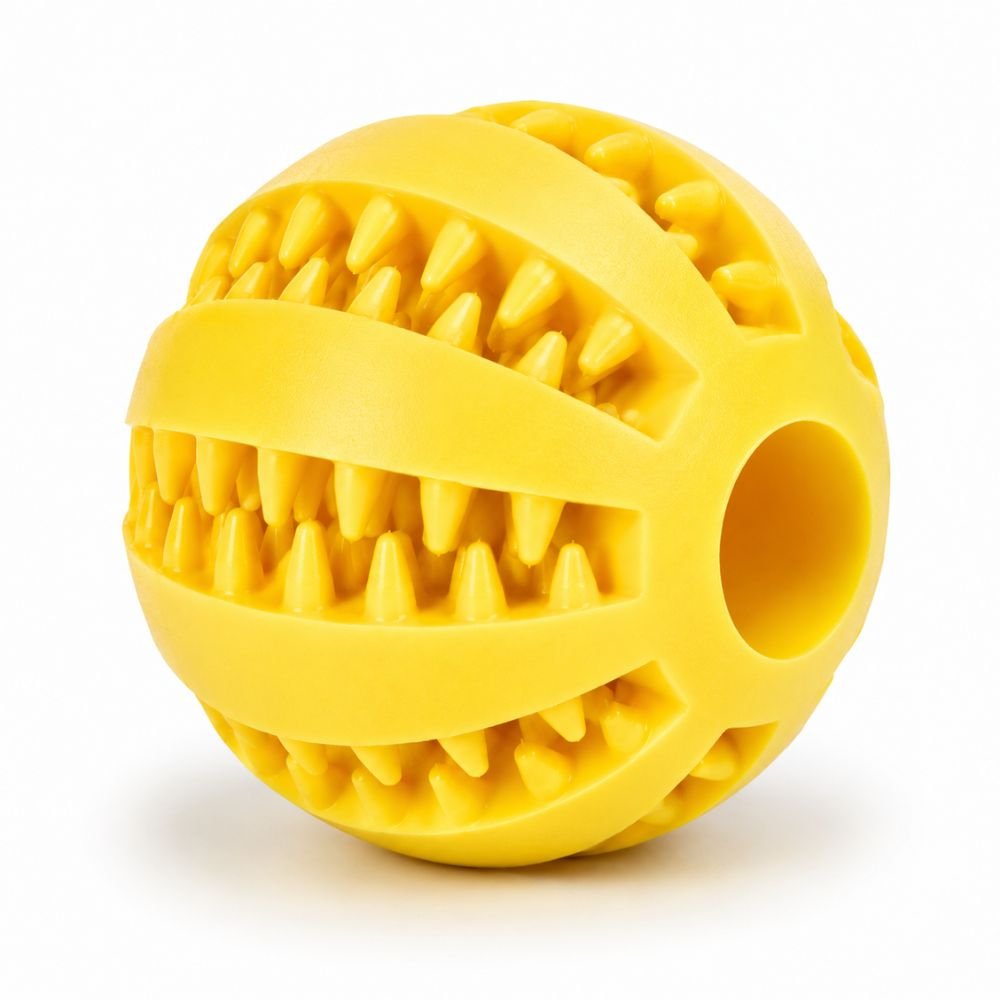 Yellow interactive dog treat dispensing ball