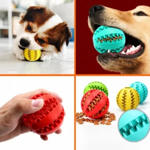 Interactive rubber dog ball in pink, green, yellow, red, blue, and teal for teeth cleaning and chewing