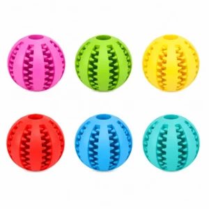 Interactive rubber dog ball in pink, green, yellow, red, blue, and teal for teeth cleaning and chewing