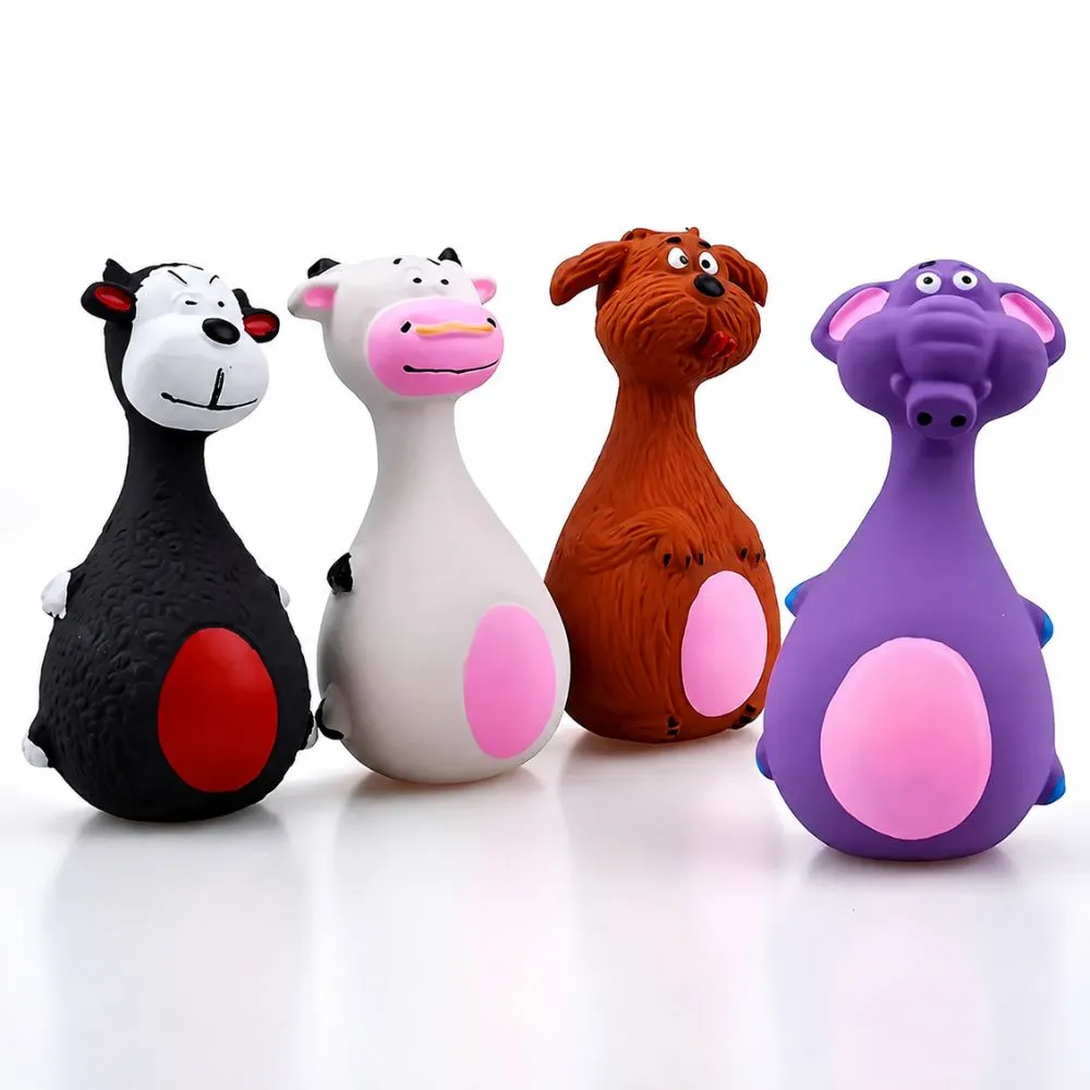 Latex dog chew toy set in donkey, cow, dog, and elephant shapes