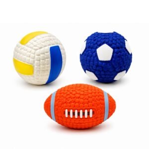 3-piece latex squeaky dog toy ball set with football, soccer ball, and volleyball designs