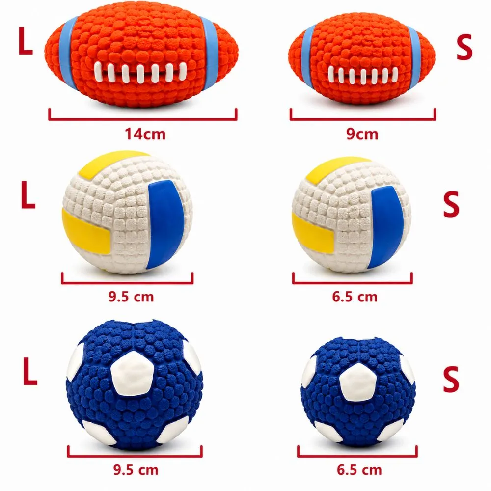 Size chart for latex squeaky dog toy ball showing large and small football, volleyball, and soccer ball designs