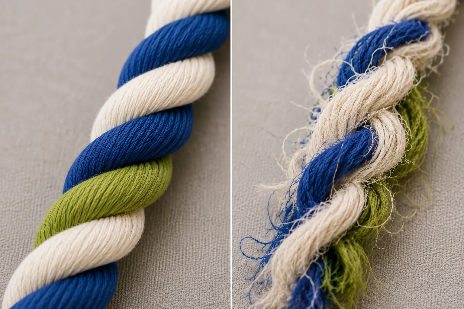 New cotton rope toy next to a frayed one, showing visible wear over time