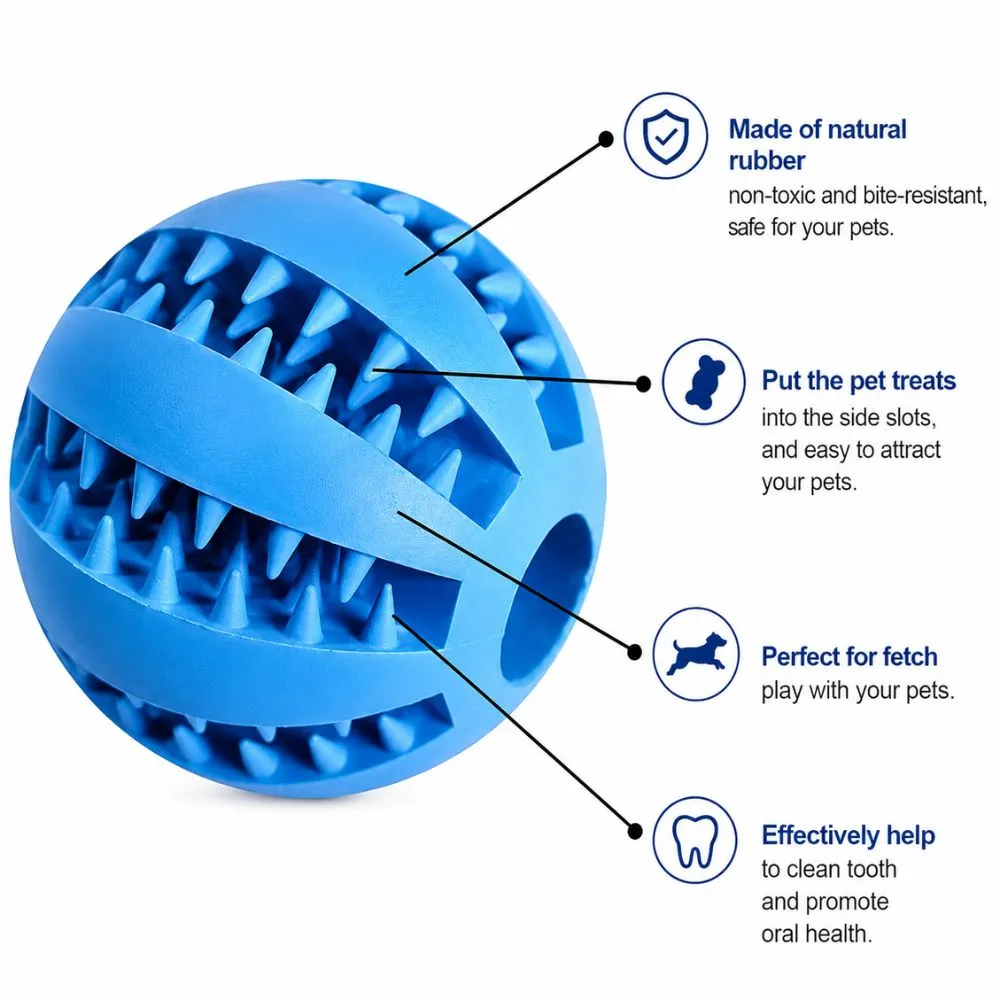 Interactive dog treat dispensing rubber ball with textured teeth-cleaning grooves