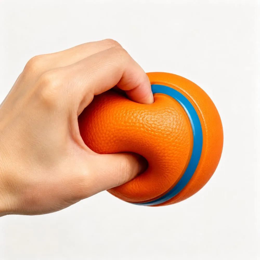 Hand squeezing an orange rubber dog ball with blue bands
