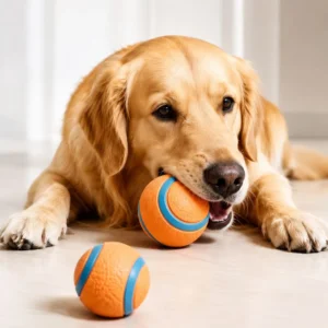 Golden retriever playing with an orange and blue rubber ball indoors