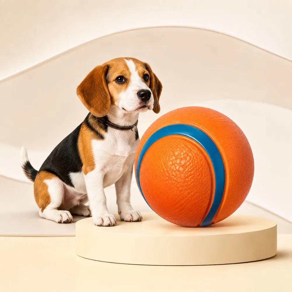 Puppy sitting beside an orange rubber dog ball