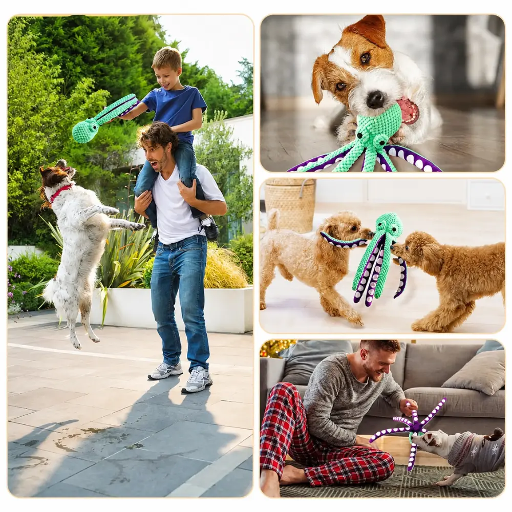 Dogs playing fetch and tug with a squeaky plush octopus dog toy