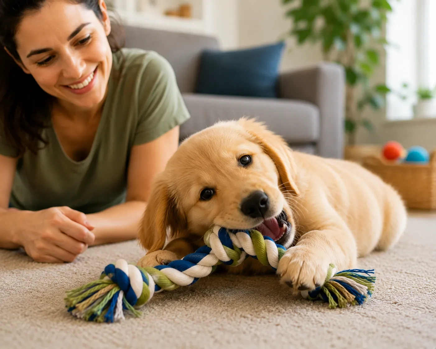 Puppy chewing a soft cotton rope toy while supervised by owner