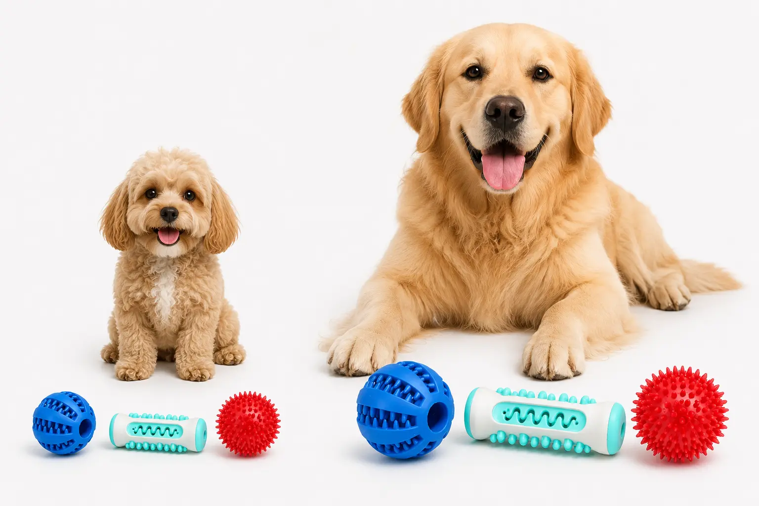 Small and large rubber dog toys shown with a small breed puppy and a large breed dog