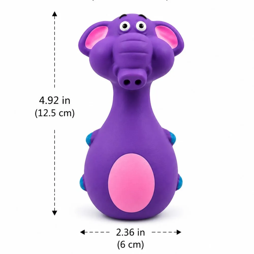 Purple elephant shaped rubber squeaky dog toy with pink belly