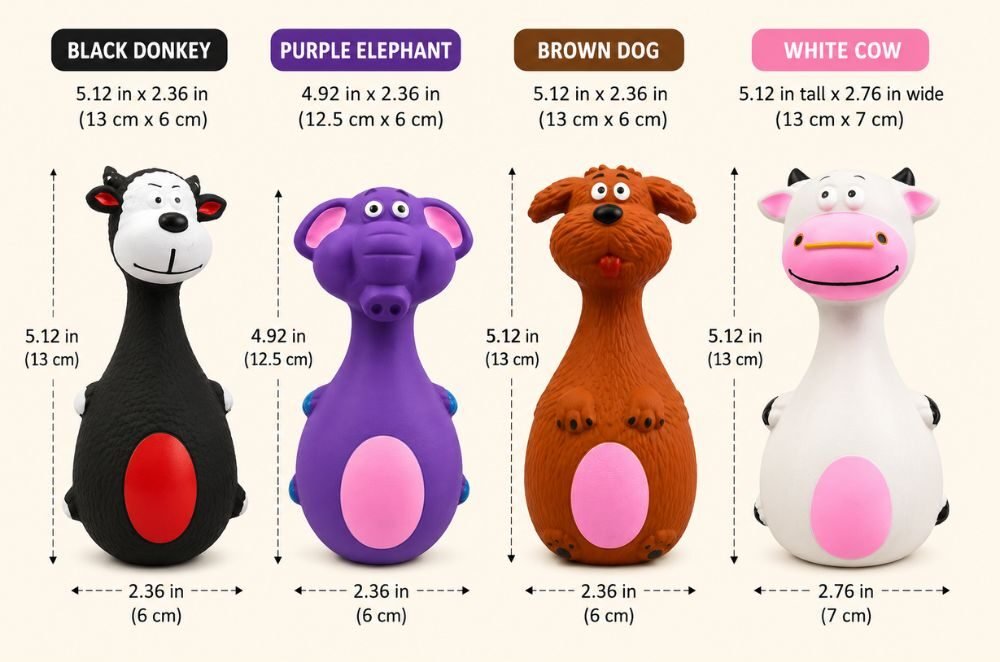 Size chart comparing black donkey, purple elephant, brown dog, and white cow rubber squeaky dog toys