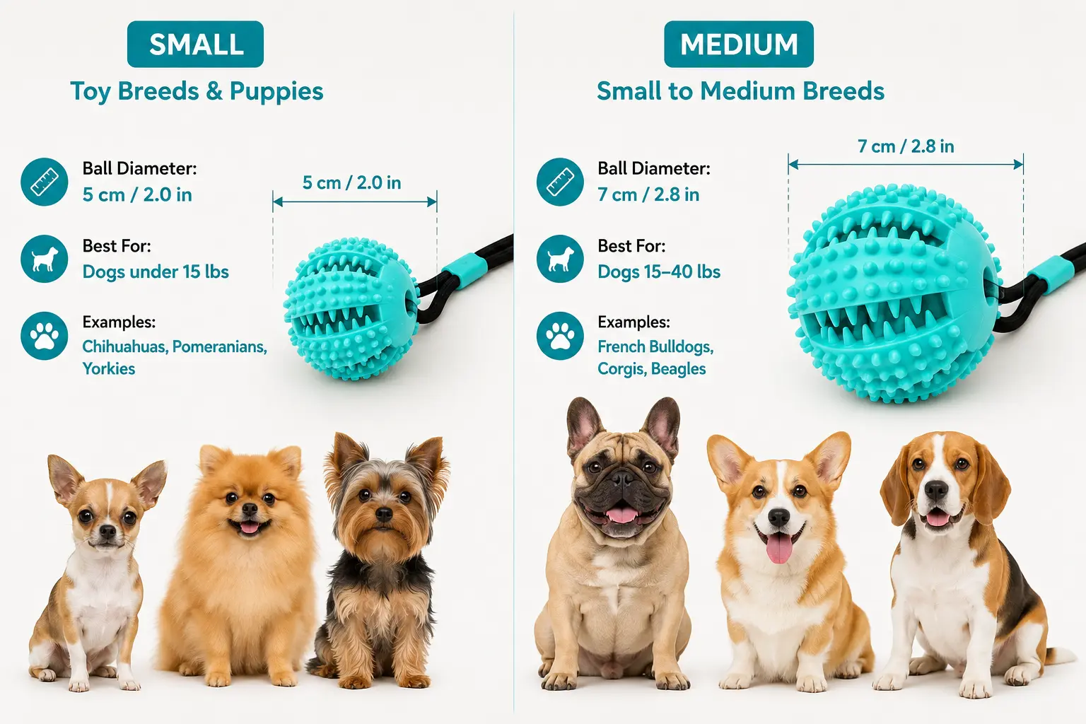 ize chart comparing small and medium suction cup dog toy variants by breed