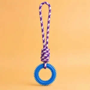 Spiked dog toy ring with rope in blue, TPR chew toy hanging by braided rope