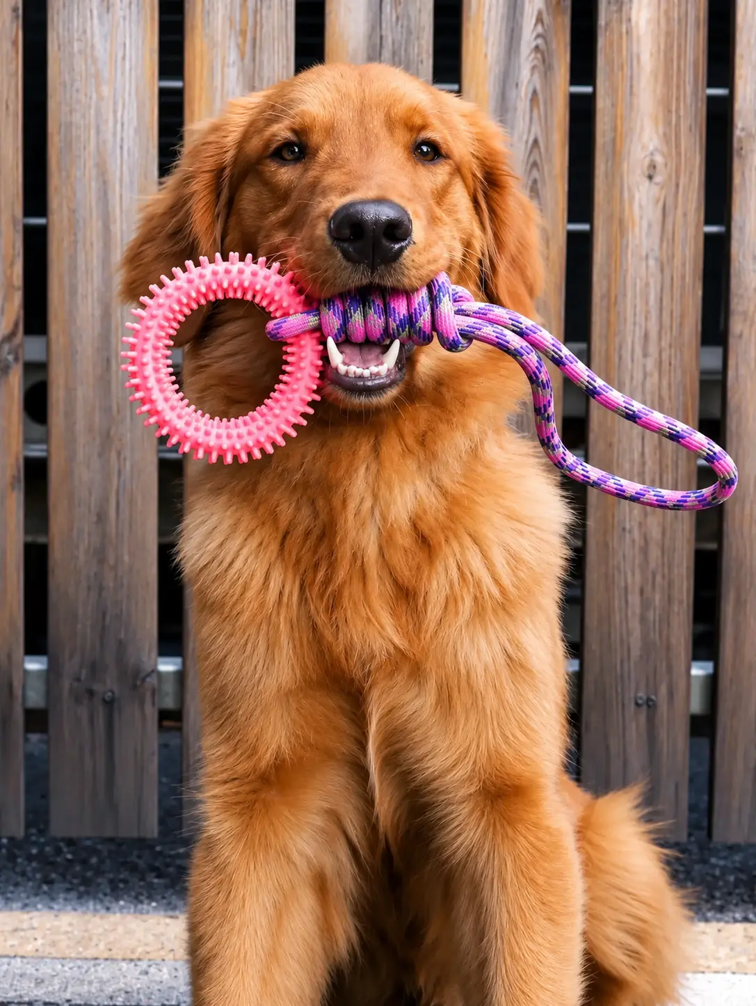 Golden retriever playing with a spiked dog toy ring with rope