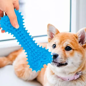 Close-up of hand holding a spiky dog chew toy showing the raised rubber texture