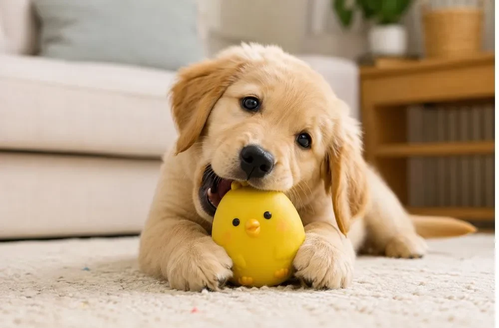 Golden retriever puppy chewing a squeaky chicken dog toy