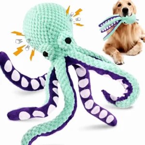 Golden retriever holding a crinkle octopus dog toy in its mouth