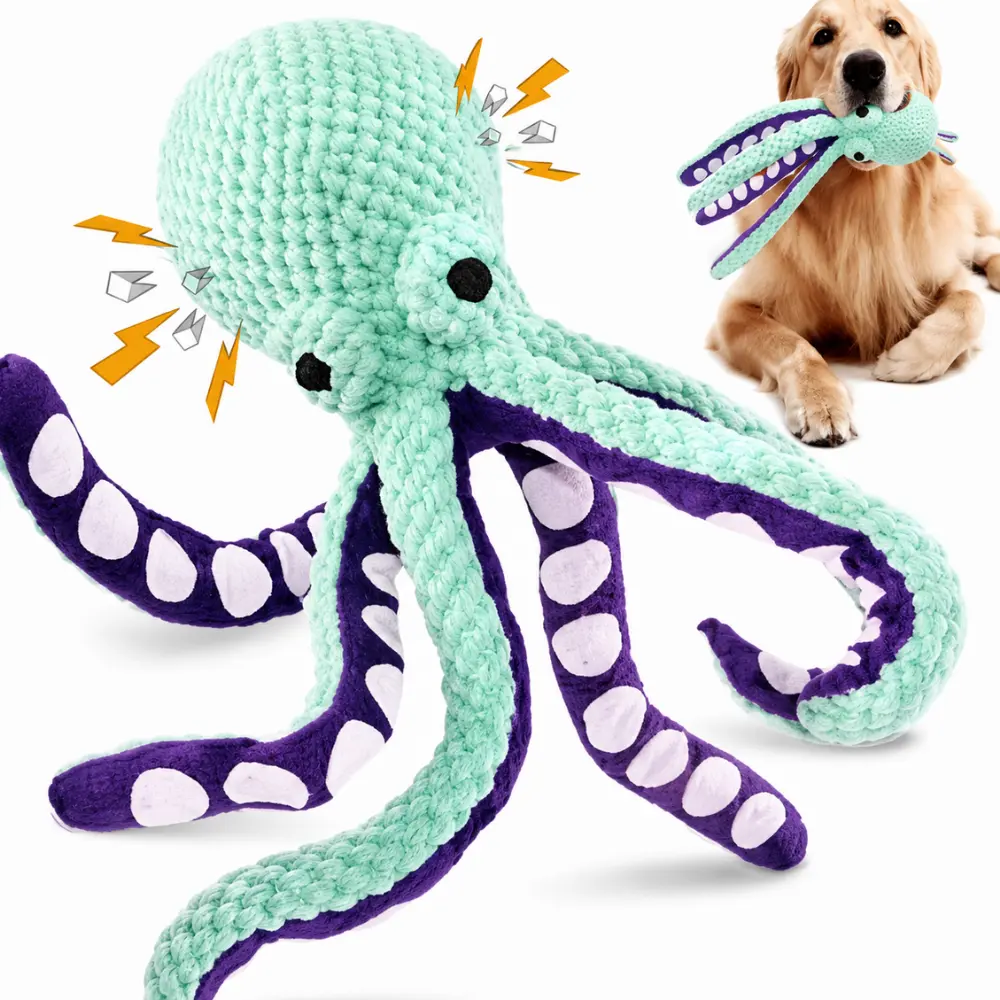 Golden retriever holding a crinkle octopus dog toy in its mouth