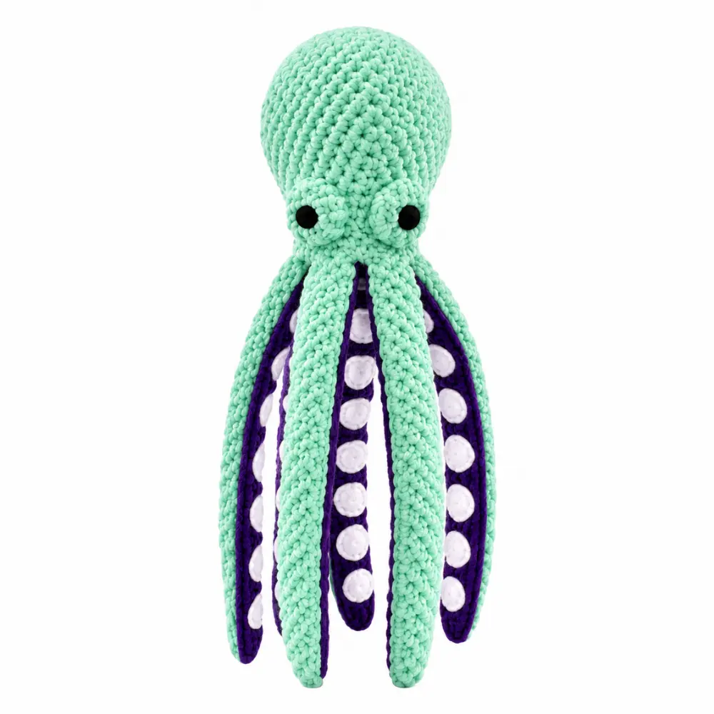 Front view of a squeaky plush octopus dog toy in mint green
