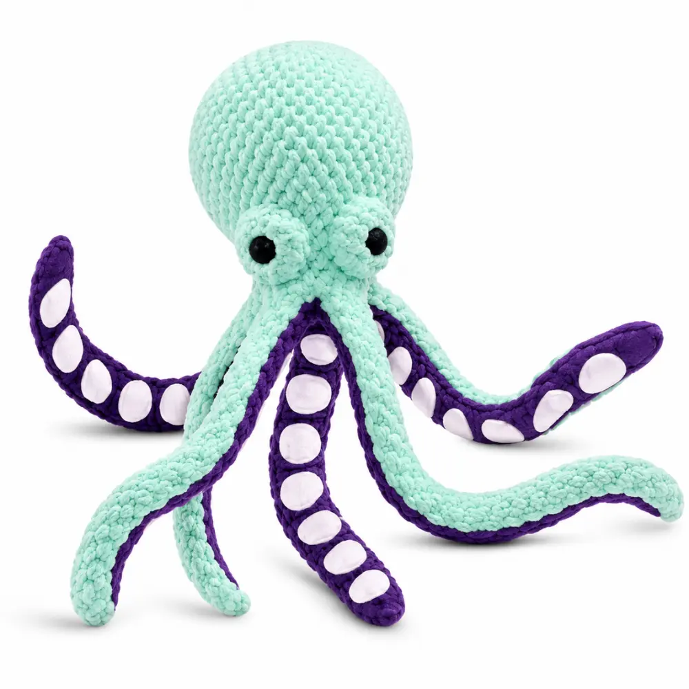 Mint green squeaky plush octopus dog toy with spread tentacles