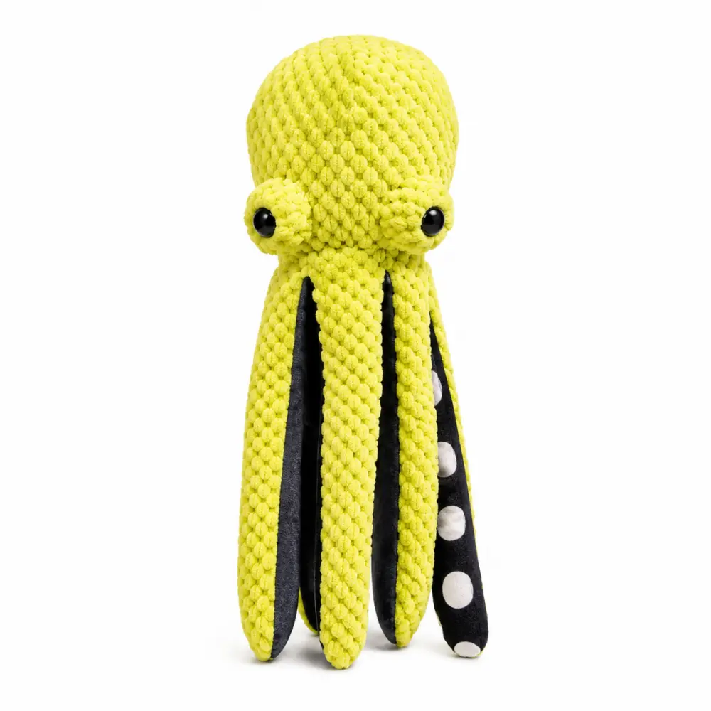 Yellow color option of the squeaky plush octopus dog toy