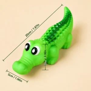 Squeaky rubber crocodile dog toy shown with length and width measurements